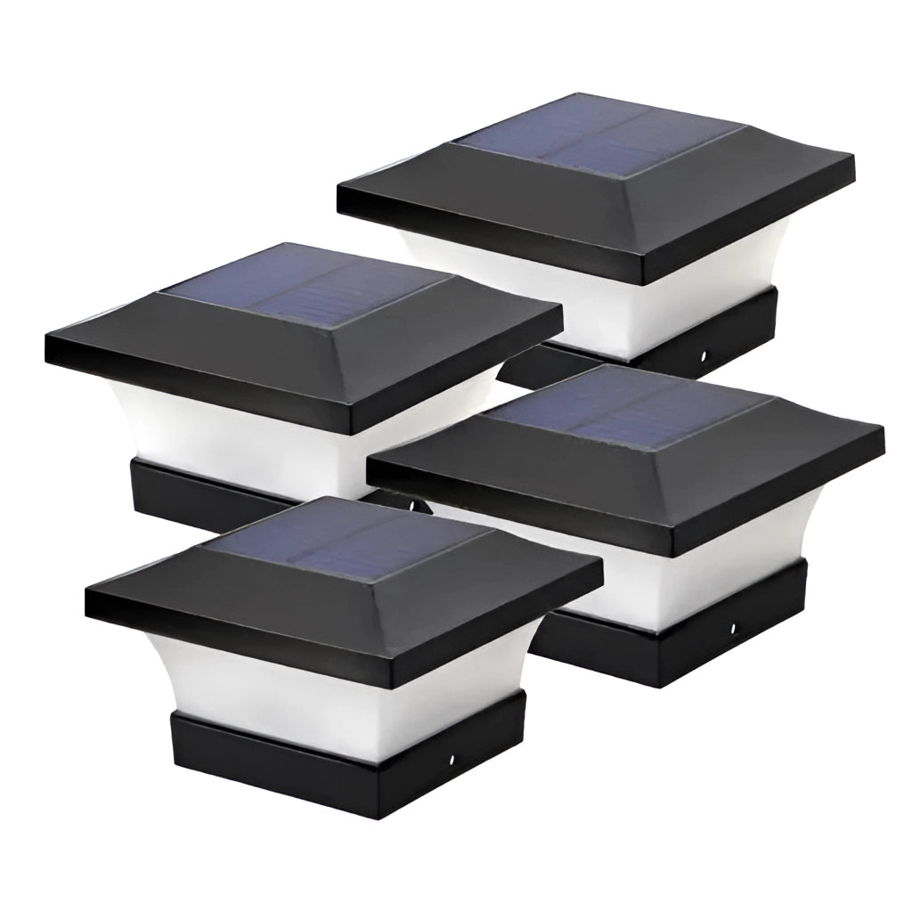 Solar post cap lights featuring a rectangular design, switchable between warm white (3000K) and white light (6000K), set of 4, outdoor LED, solar-powered, IP65 waterproof.