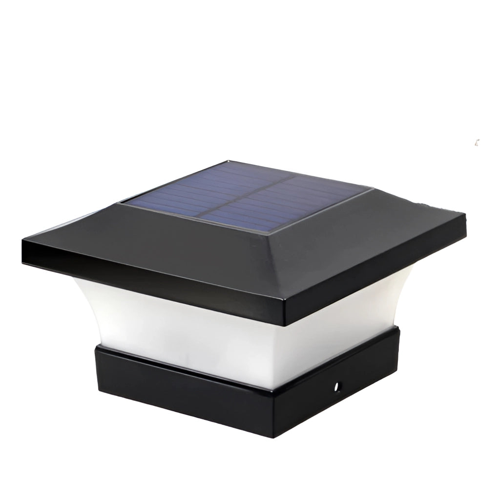Solar post cap light with a rectangular design, showcasing dual color options in warm white (3000K) and cool white (6000K) light, suitable for outdoor fences, waterproof (IP65), solar-powered LED technology.