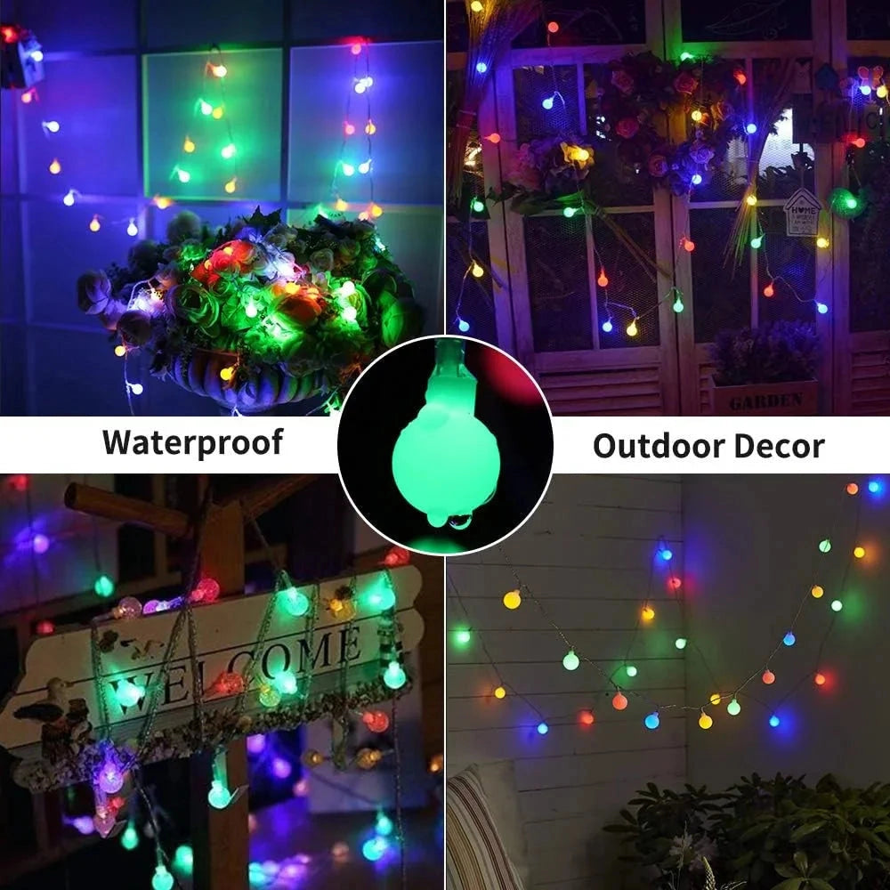 Solar powered waterproof outdoor LED string lights illuminating a garden area, ideal for decoration and creating a festive atmosphere.