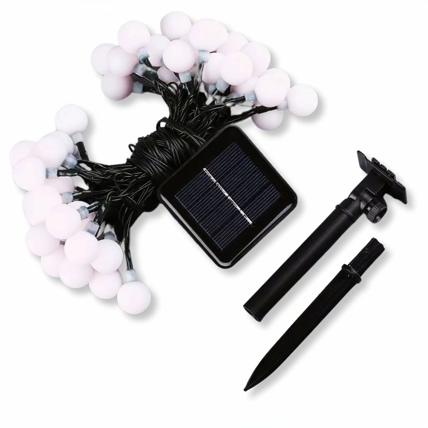 Solar powered waterproof outdoor LED string lights in RGB, 21ft with 30 LEDs, decorating a garden area.