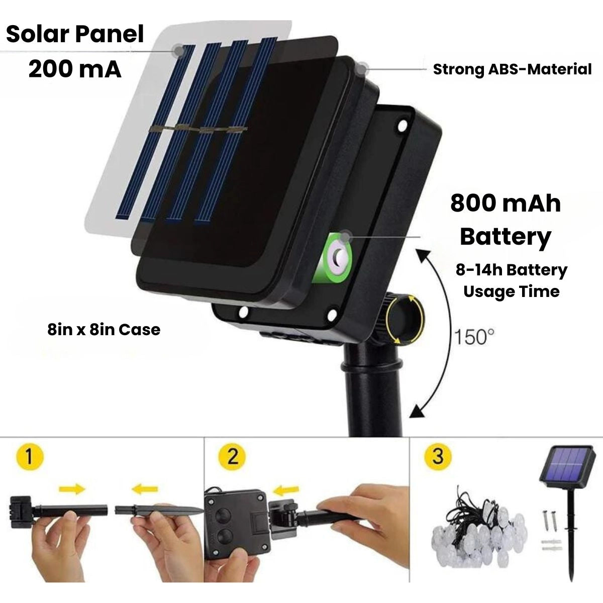 Solar powered waterproof outdoor LED string lights illuminating a garden at night, ideal for decoration.