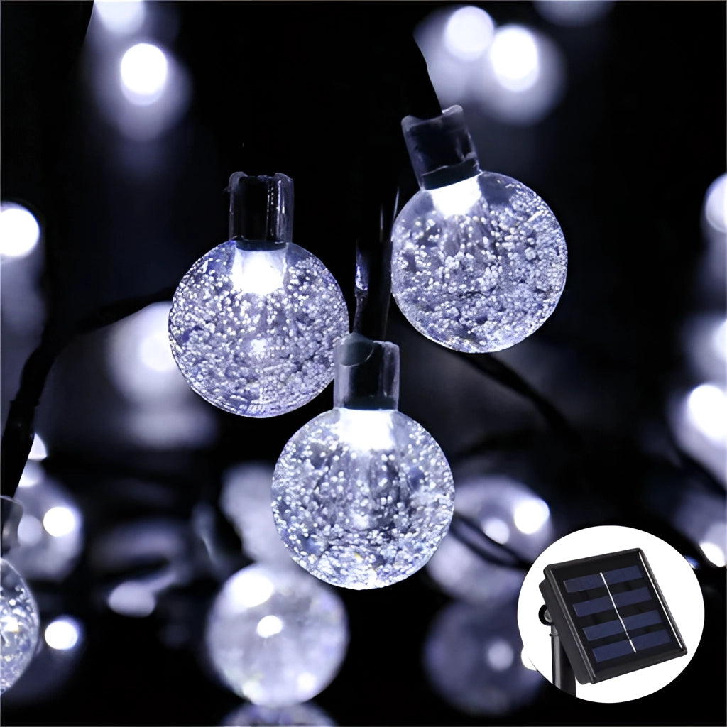 Solar string lights with IP65 waterproof RGB and white LEDs, shown with a glowing effect, suitable for outdoor decoration.