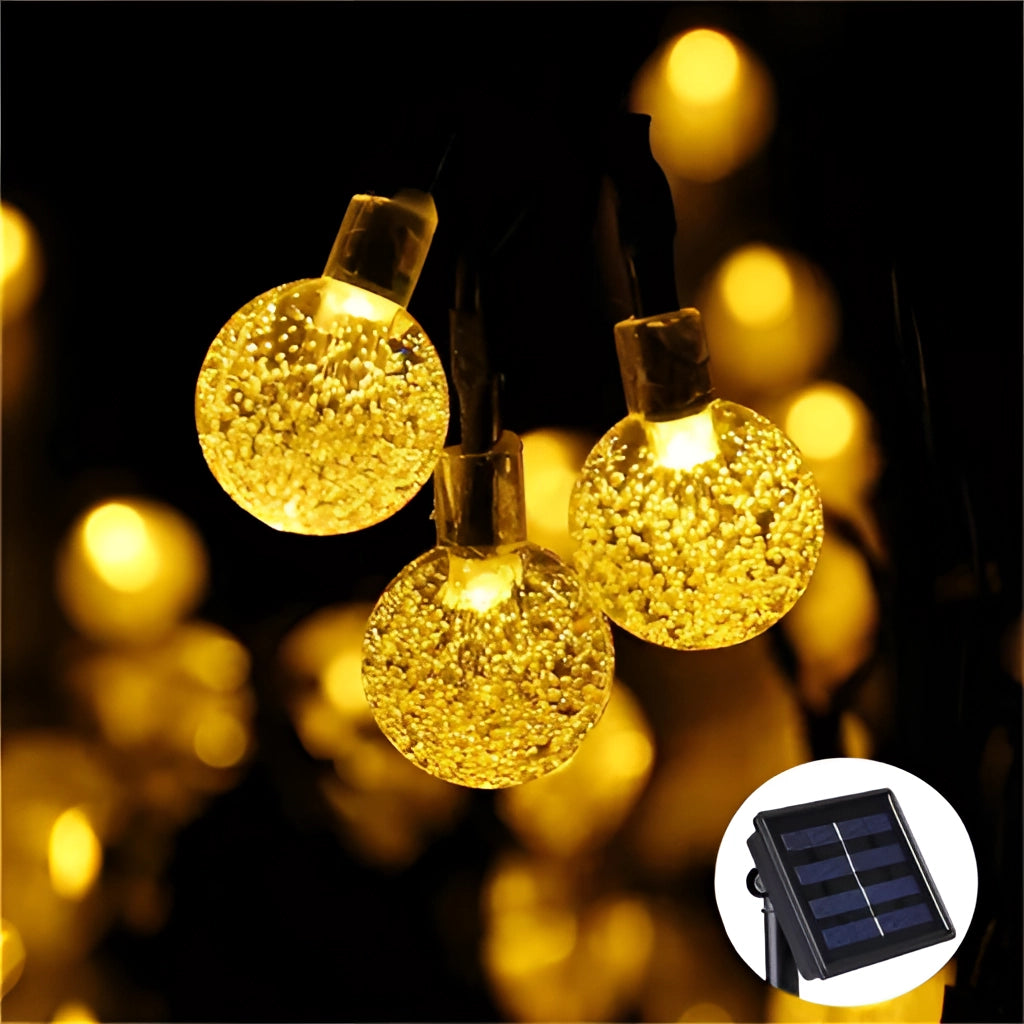 Solar string lights with IP65 waterproof RGB and white LEDs, glowing in an amber and gold color, arranged in a circular pattern.