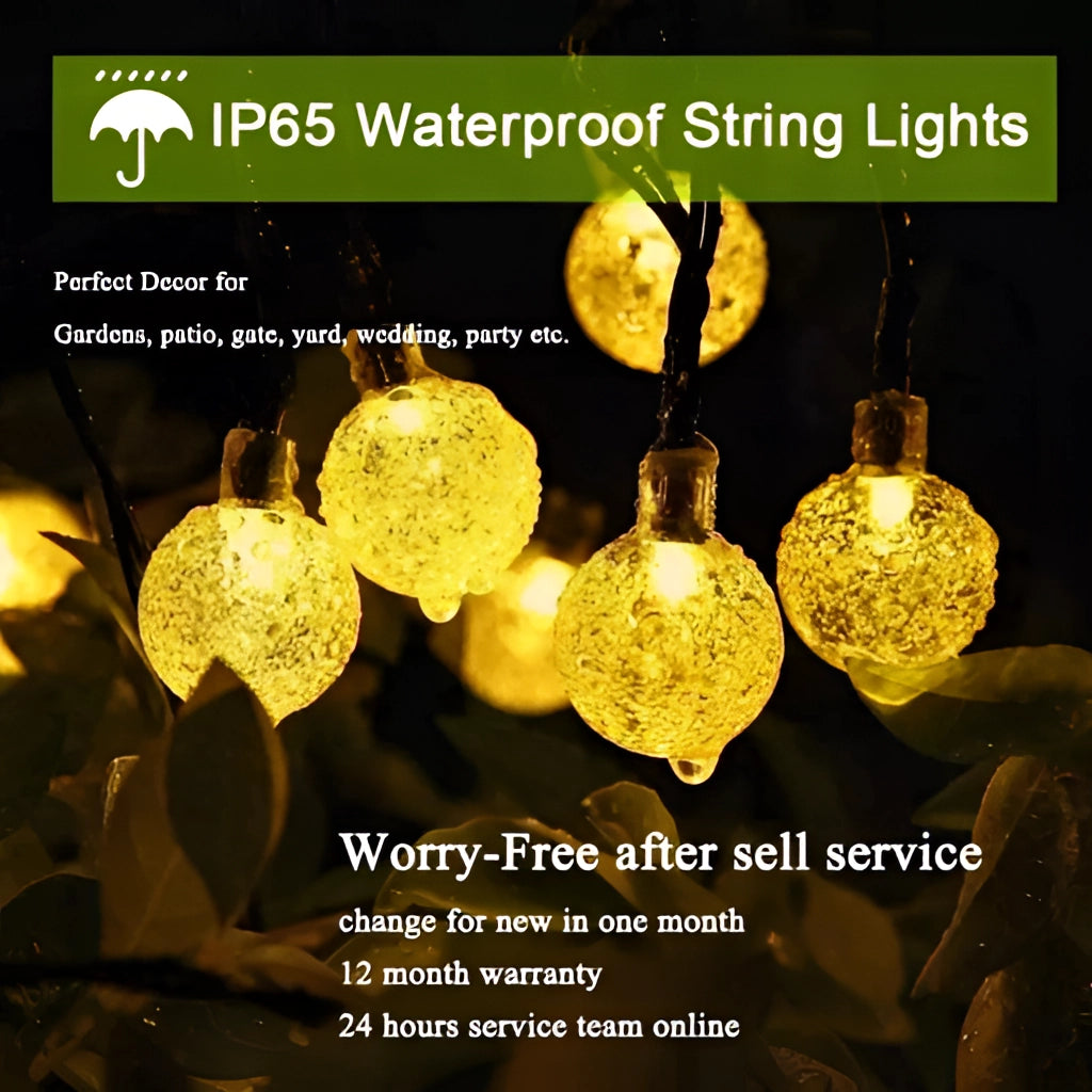 Solar String Lights - Outdoor LED, IP65 Waterproof, RGB/White Color, hanging in outdoor setting with nature background, featuring glowing circles in various colors.
