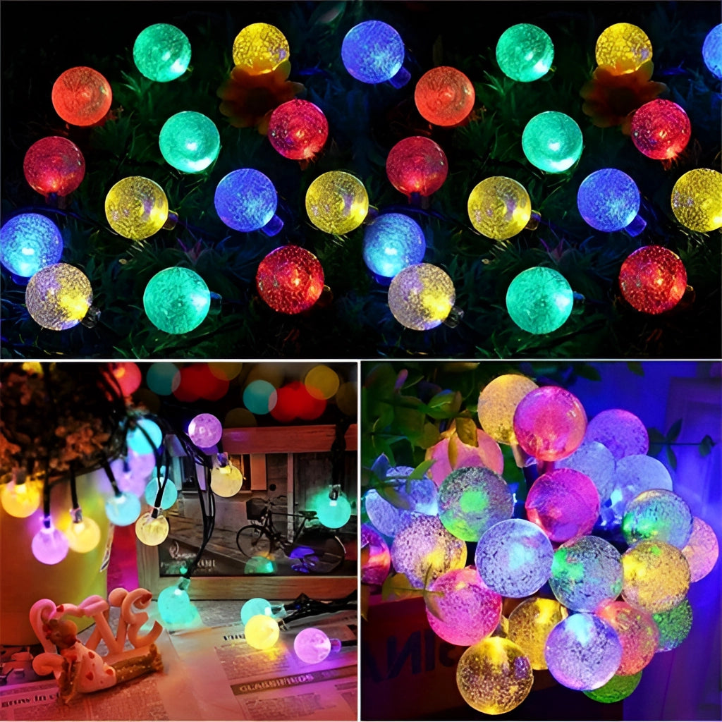 Outdoor LED solar string lights with RGB and white color options, IP65 waterproof rating, displayed in a natural setting with decorative Christmas ornaments and visual effect lighting.