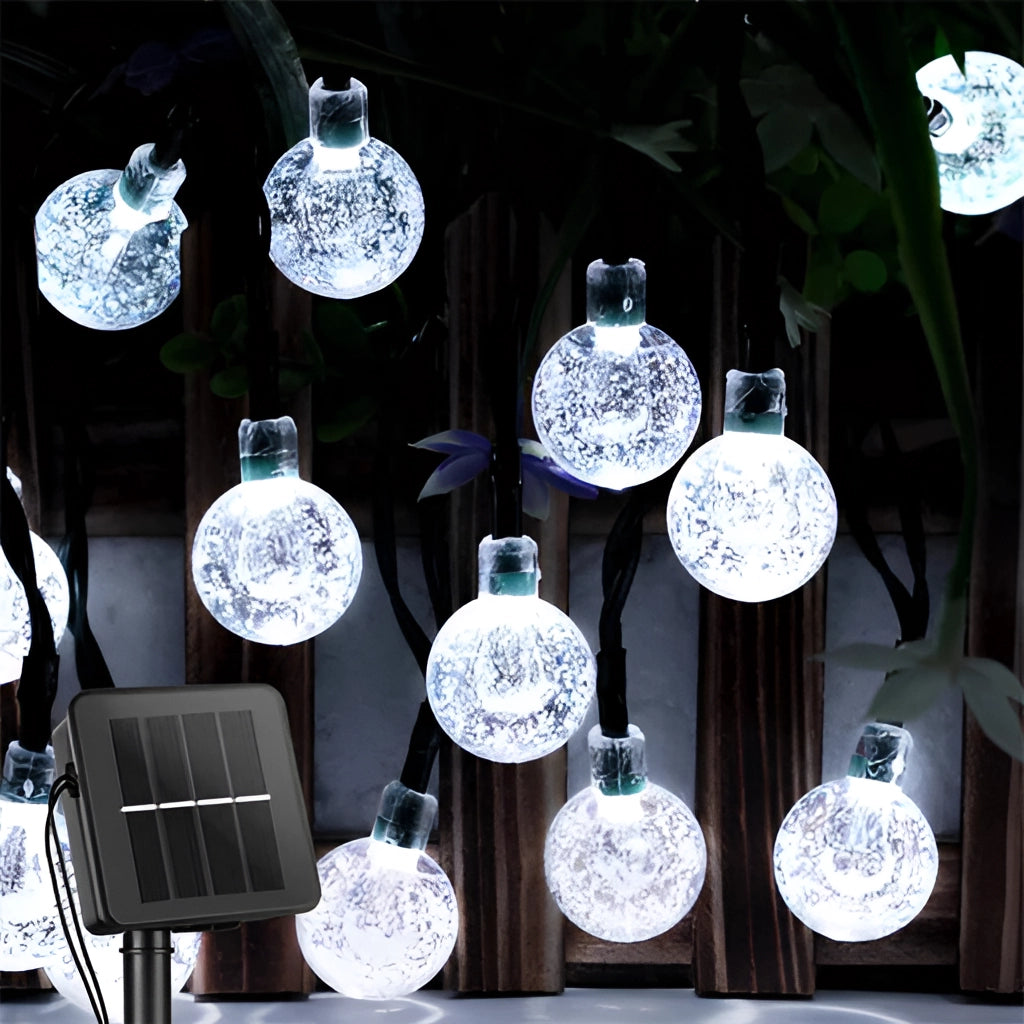 Solar string lights - outdoor LED, IP65 waterproof, 72ft with 200 white LEDs, displayed against a dark background.