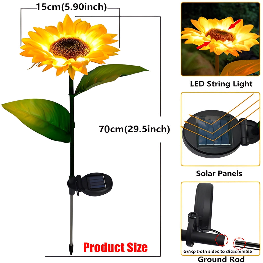 A pack of four solar-powered sunflower garden lights, featuring realistic yellow petals and green stems, designed to illuminate and decorate outdoor spaces with a cheerful and artistic touch.
