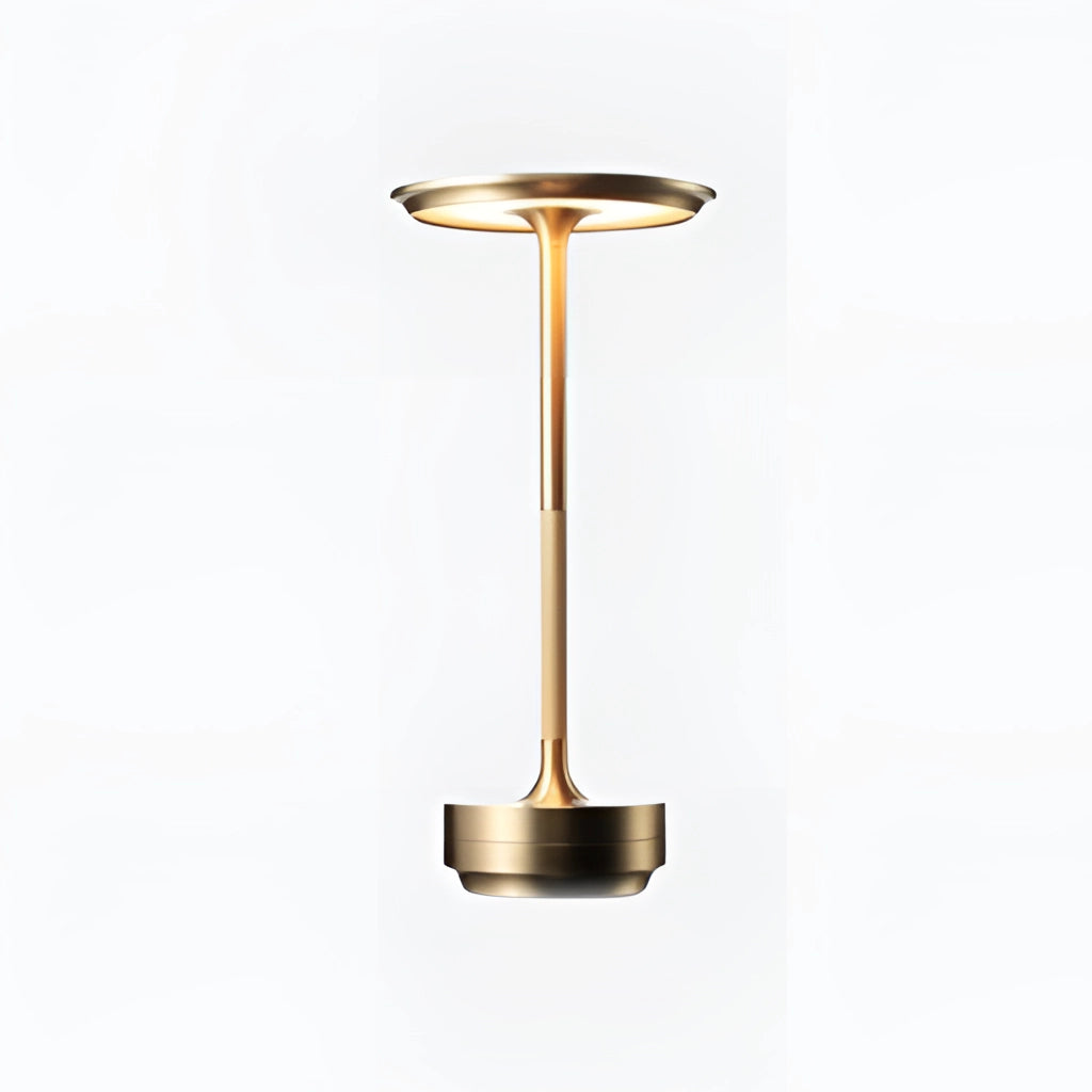 Gold table lamp with dimming feature, showcasing masterful craftsmanship, metal and wood elements, circular glass light fixture, home accessory.