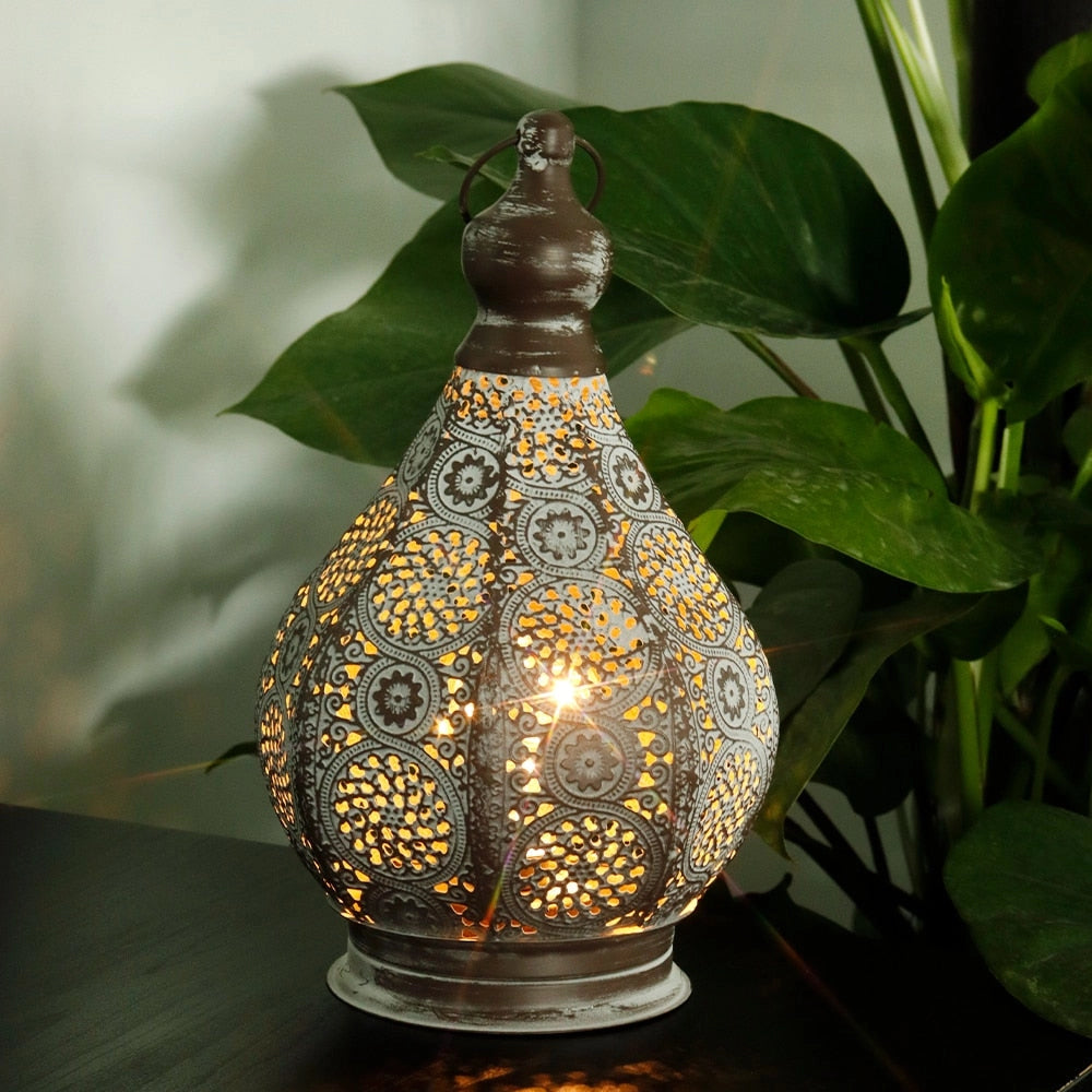 Vintage Moroccan Metal Lantern with intricate designs and battery power.