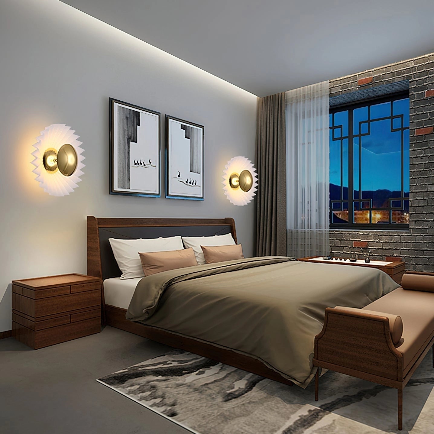 Modern wall lamp with artistic elegance, mounted on a wooden panel in a stylish interior setting featuring a window, picture frame, and comfortable furnishings.