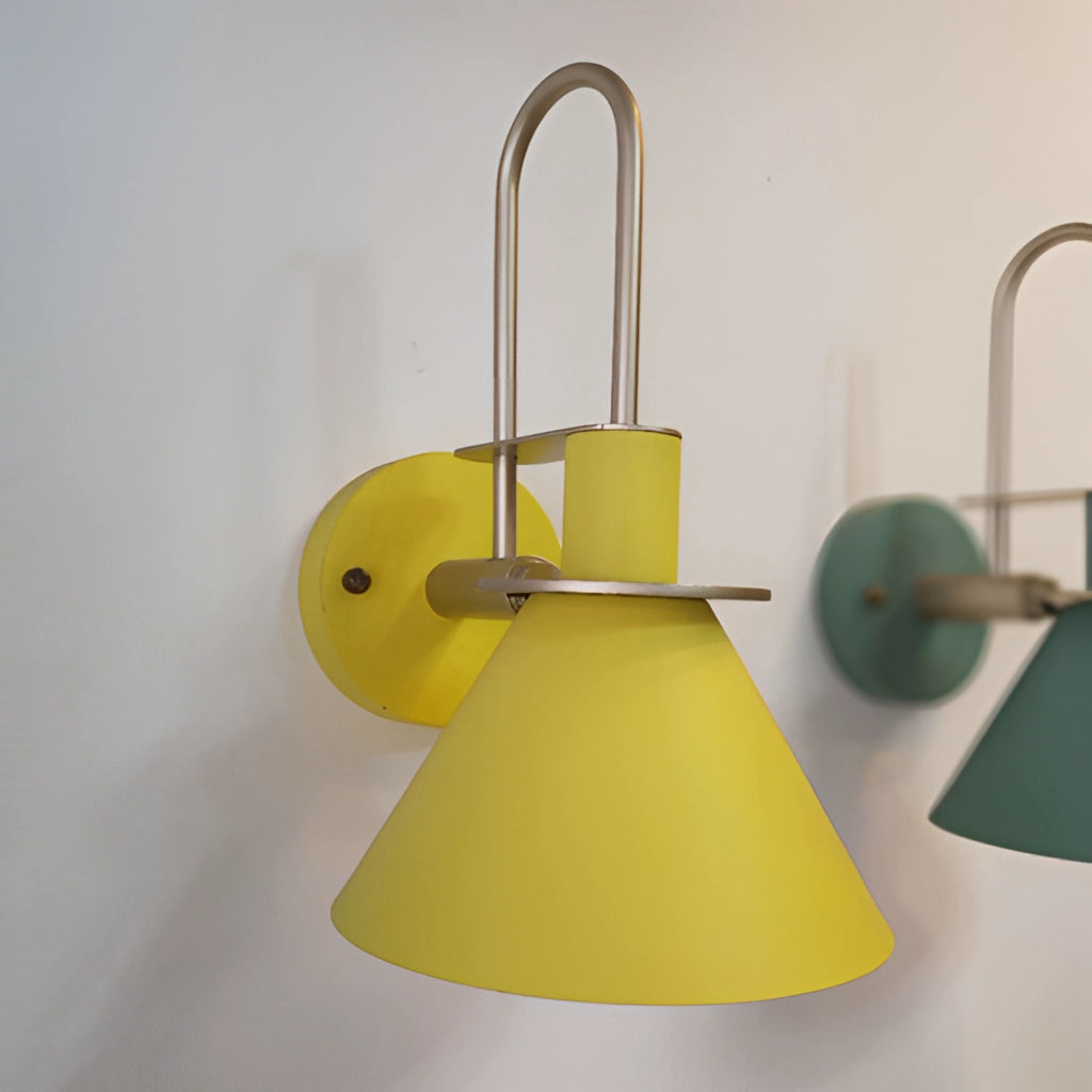 Elegant retro design wall light with a matt finish in yellow, featuring a circular wooden base and a metal frame, suitable for interior lighting.