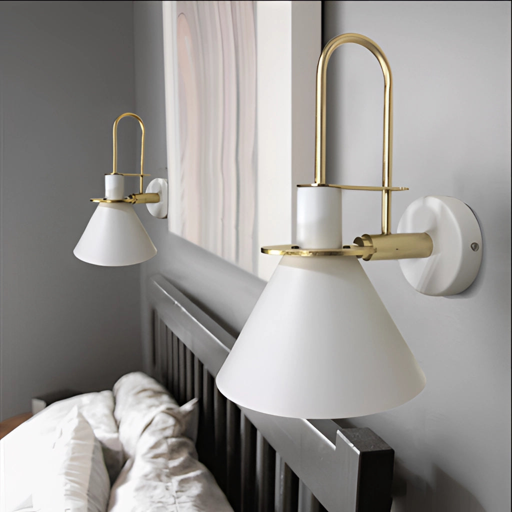 Elegant retro-designed wall light with a matte finish, mounted indoors, illuminating a cozy interior with wooden shelving and a nearby plant.