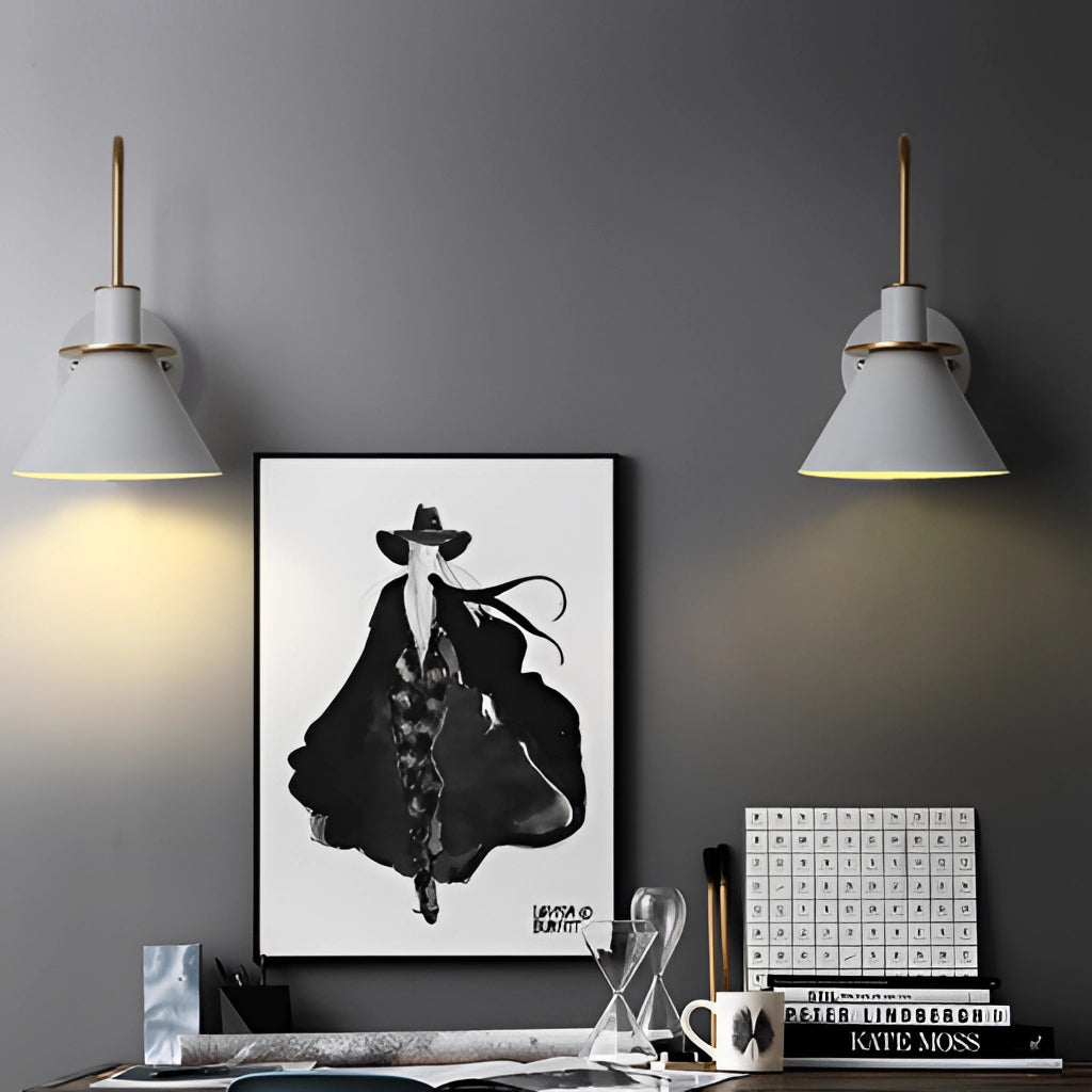 Elegant Retro Design Wall Light with Matt Finish, Illuminating Interior Lamp, Grey Rectangle Shape, Mounted on Wall near Picture Frame