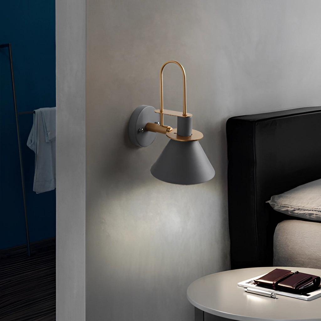 Elegant retro design wall light with a matt grey finish, mounted on a wooden wall in a stylish interior setting.