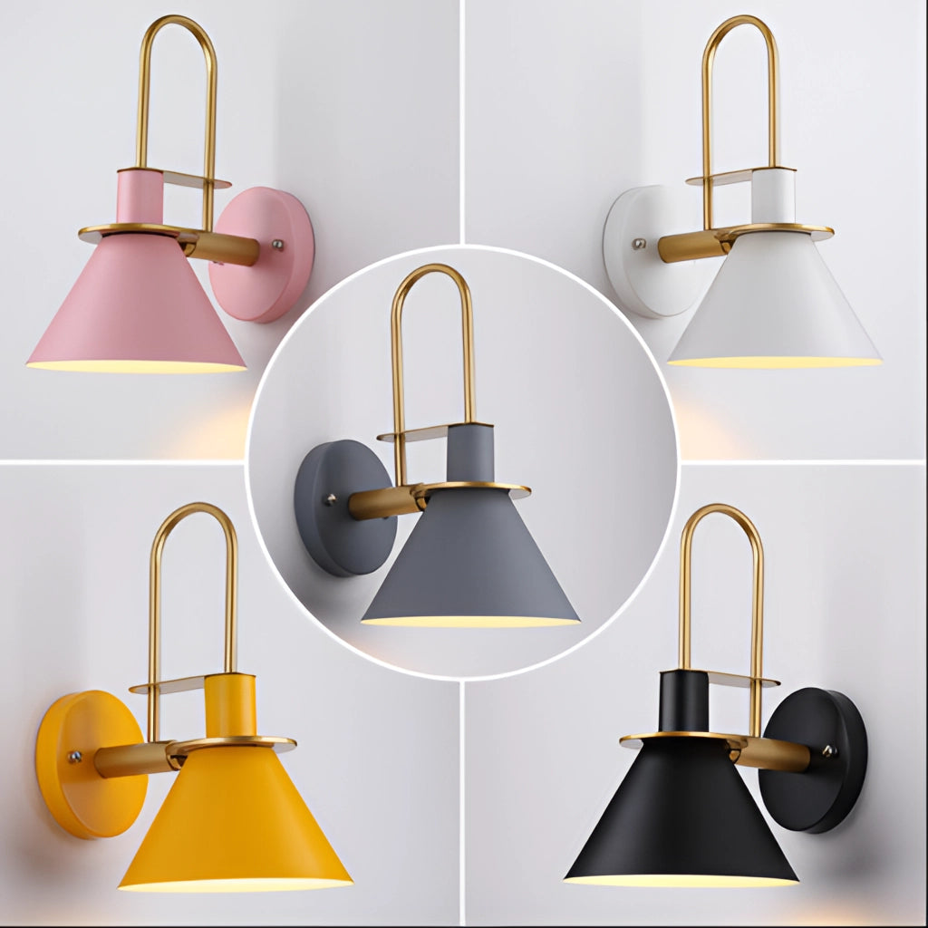 Elegant retro-style wall light with a matte finish, featuring a white and yellow lamp design, positioned against a wooden shelving unit in an interior setting.