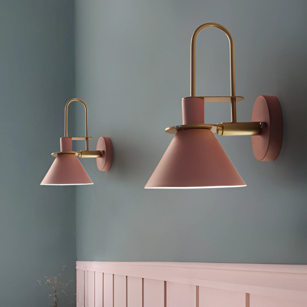 Elegant retro wall light with a matte finish, featuring a wooden and metal design, mounted on a wall with shelving.