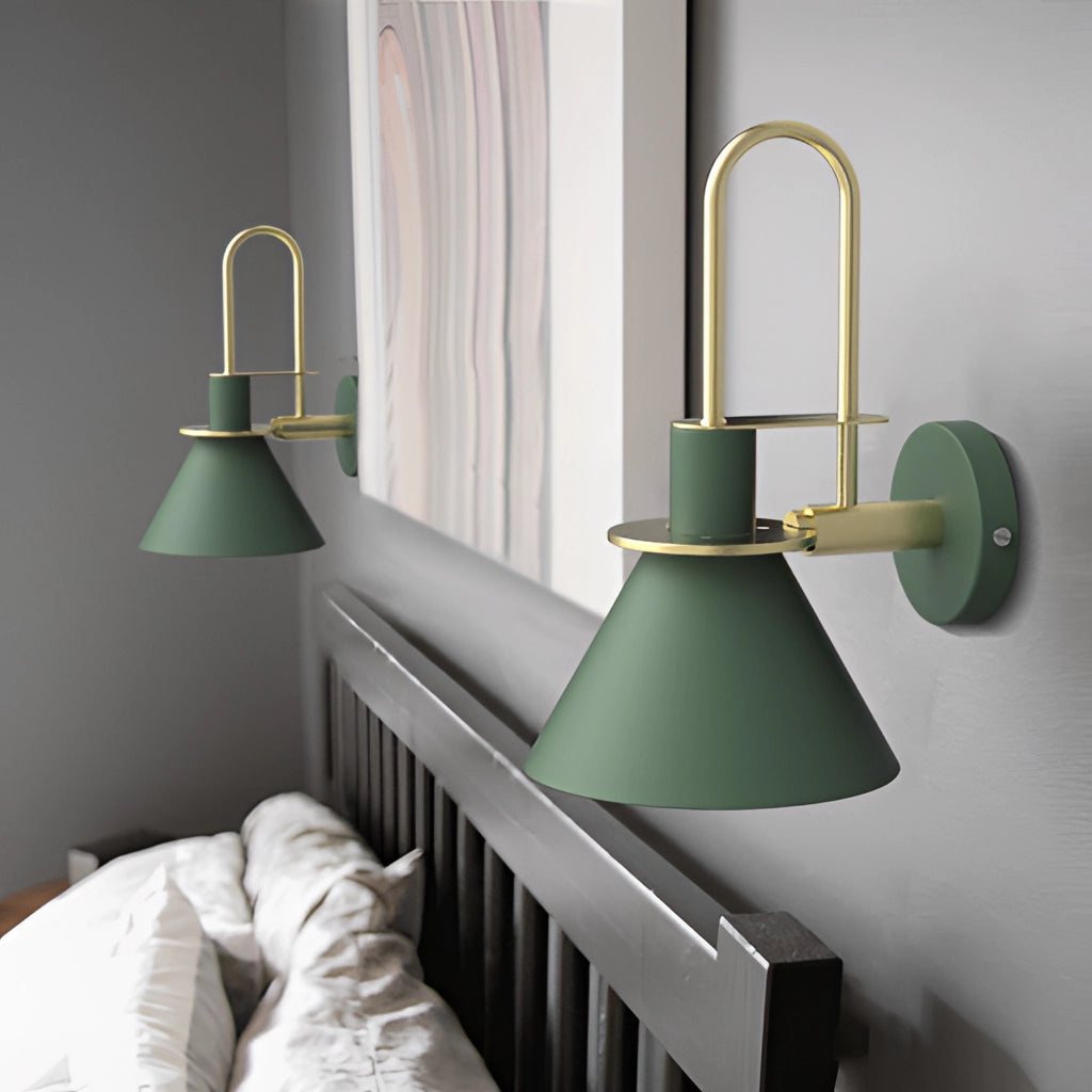 Elegant retro design wall light with a matt finish, featuring a wooden base and grey light fixture, mounted on a wall in a stylish interior setting.