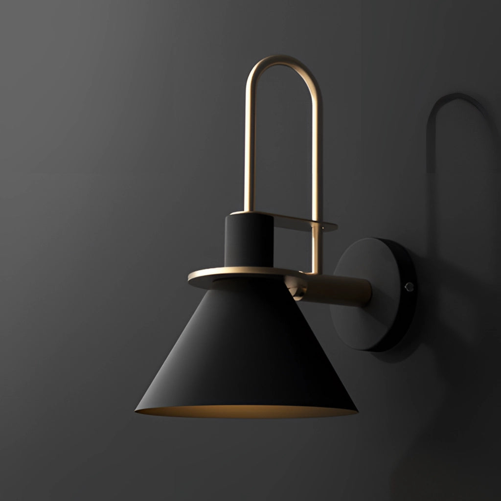 Wall light with elegant retro design, matt black finish, interior lamp mounted on a wooden wall.