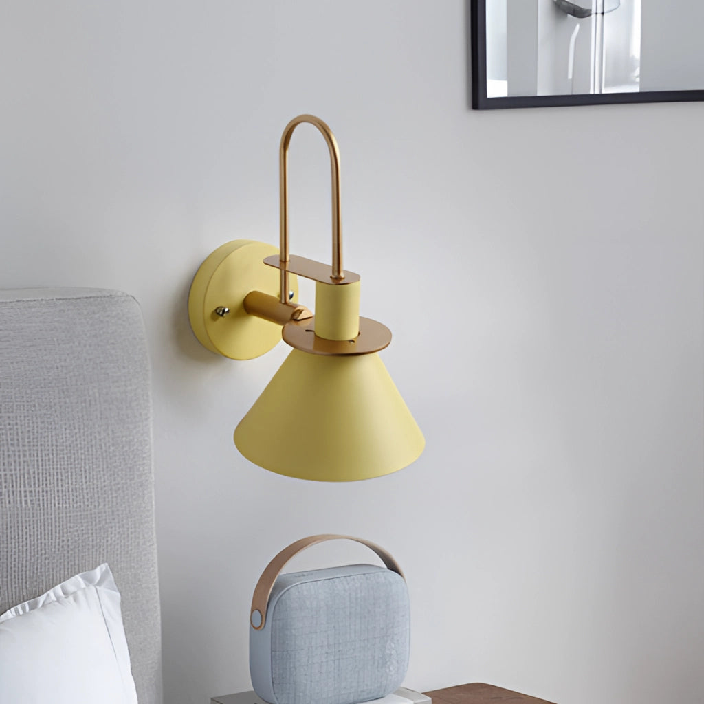 Elegant retro wall light with a matt finish, featuring a combination of wood and metal elements, illuminating a stylishly designed interior room.