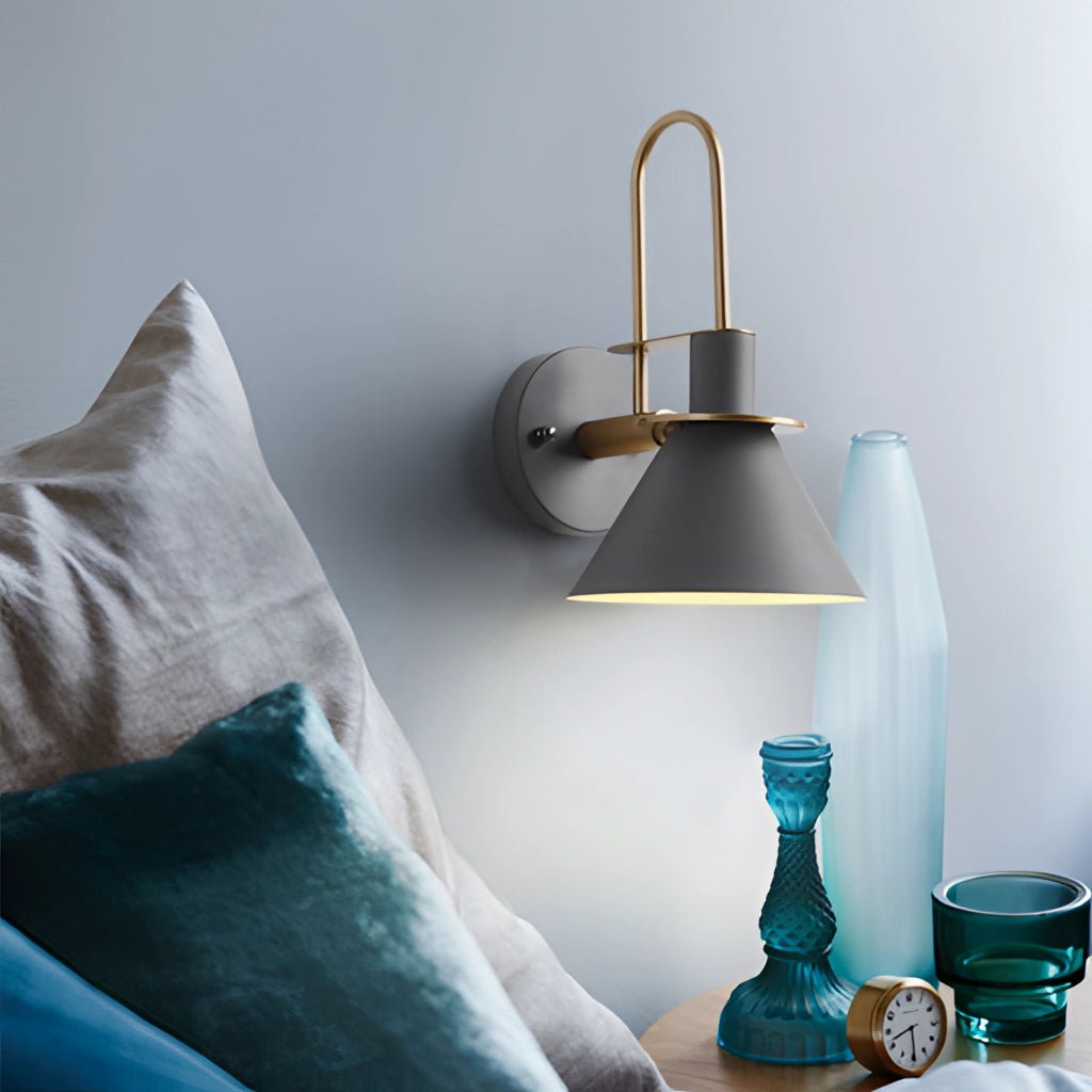 Elegant retro design wall light with a matte finish, featuring a grey lampshade and wooden accents, perfect for interior decor.
