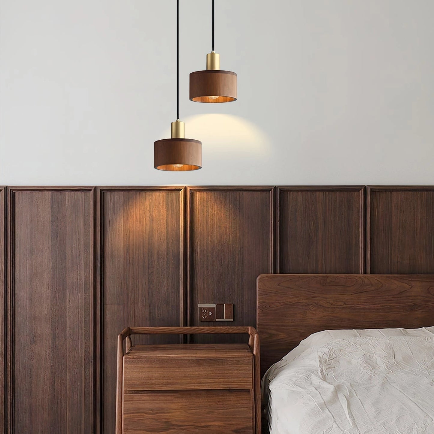 Walnut Wood Pendant Lamp with Japanese Woodworking Inspiration, hanging from the ceiling, showcasing elegant craftsmanship and warm wood tones in an interior setting.