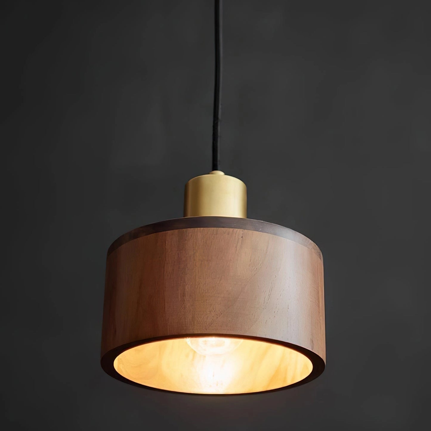 Walnut Wood Pendant Lamp with Japanese Woodworking Inspiration, featuring a rectangular wooden lampshade, hanging as a ceiling fixture.