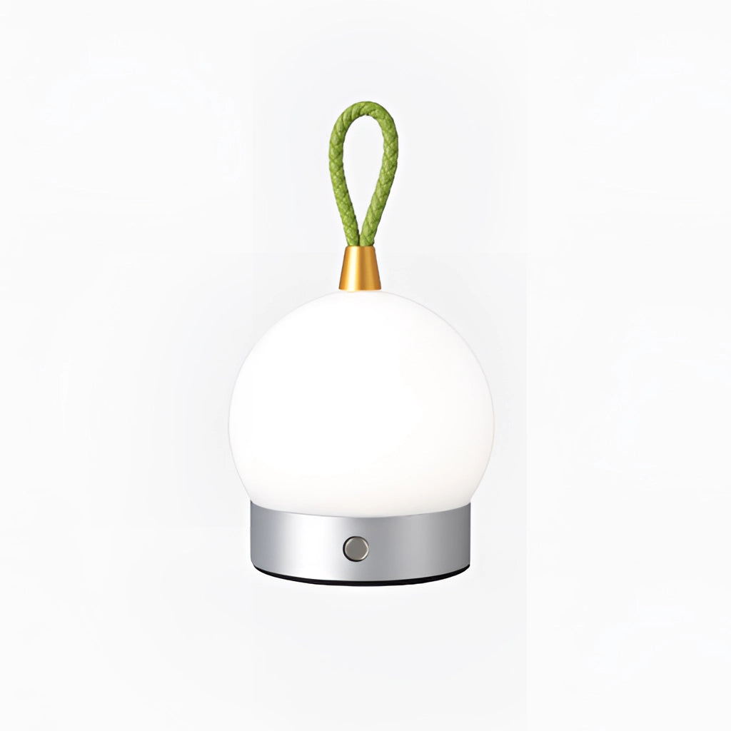 Silvery Waterproof LED Table Lamp - Cordless Orb Design with sleek metal finish and soft glowing light, suitable for both indoor and outdoor use.