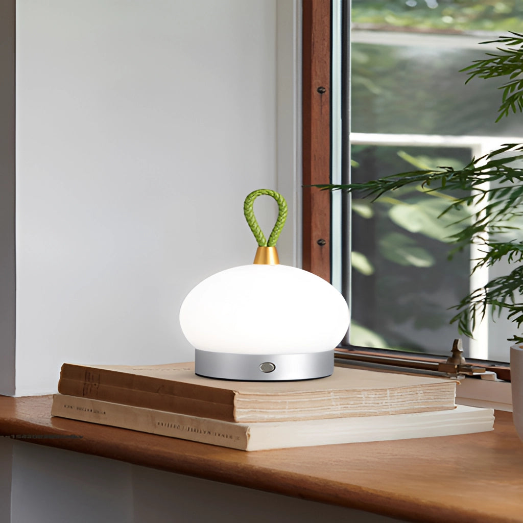 A waterproof LED table lamp with a cordless orb design placed on a wooden table near a plant, surrounded by modern interior design elements including shelving, a window, and hardwood flooring.