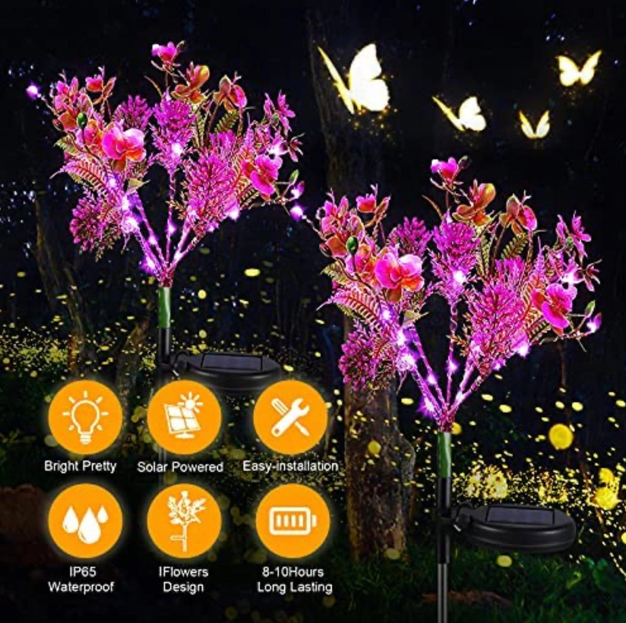 Waterproof Solar Phalaenopsis LED Flower Lights illuminating in a flowerpot amidst greenery.