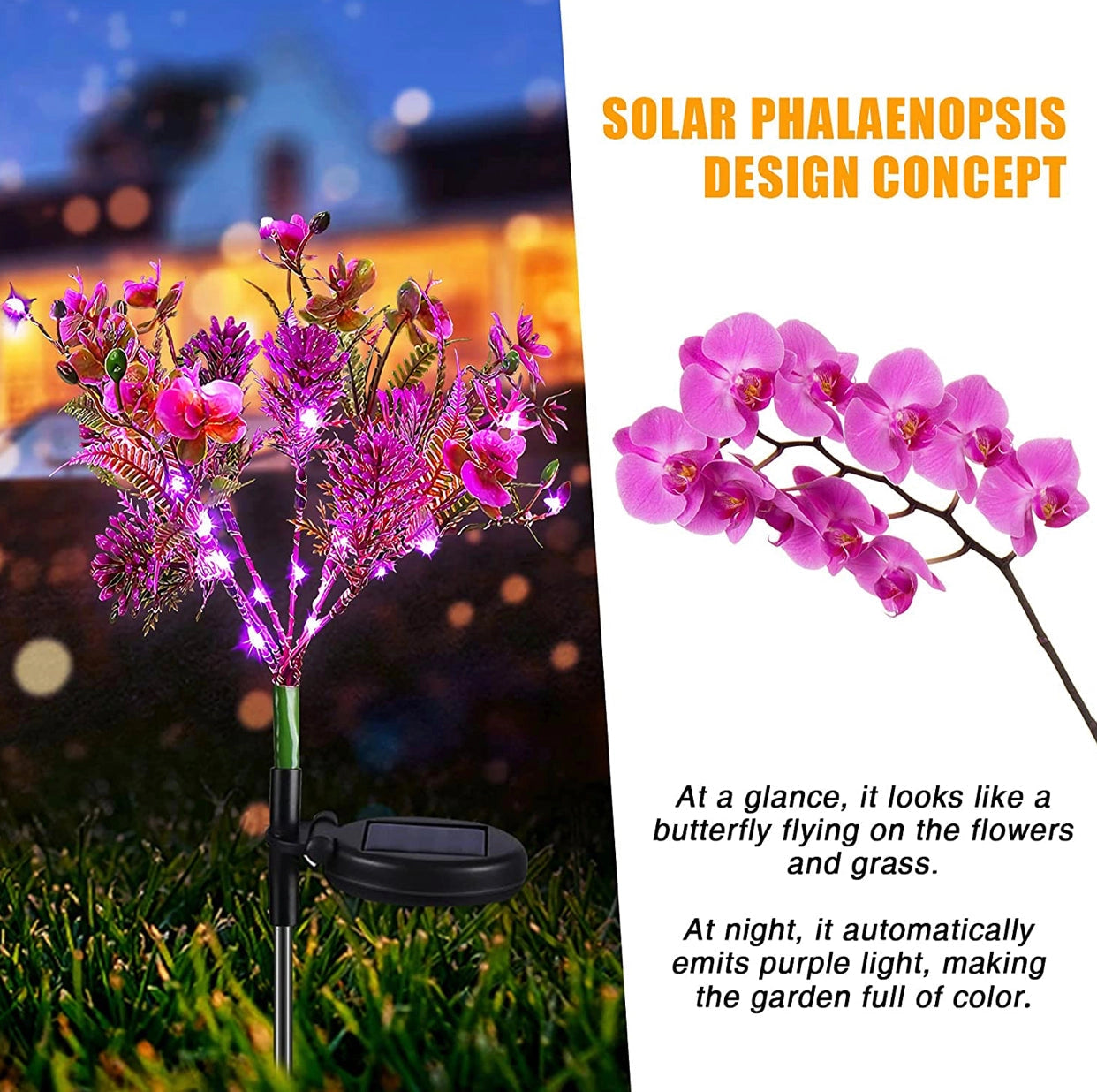 Waterproof Solar Phalaenopsis LED Flower Lights featuring vibrant purple petals and realistic plant design.