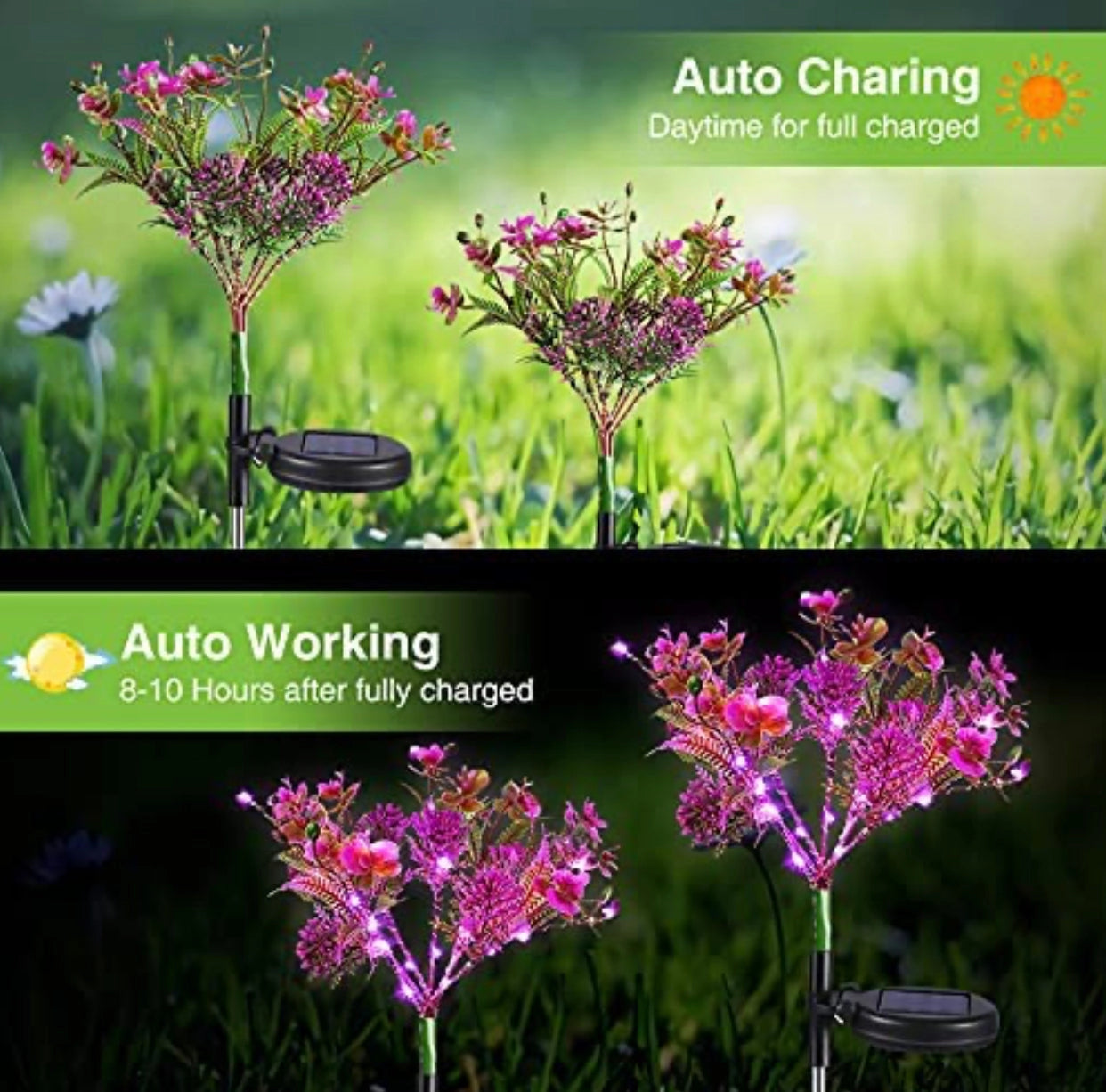 Waterproof Solar Phalaenopsis LED Flower Lights illuminating a garden with lifelike orchid flowers among grass and plants.