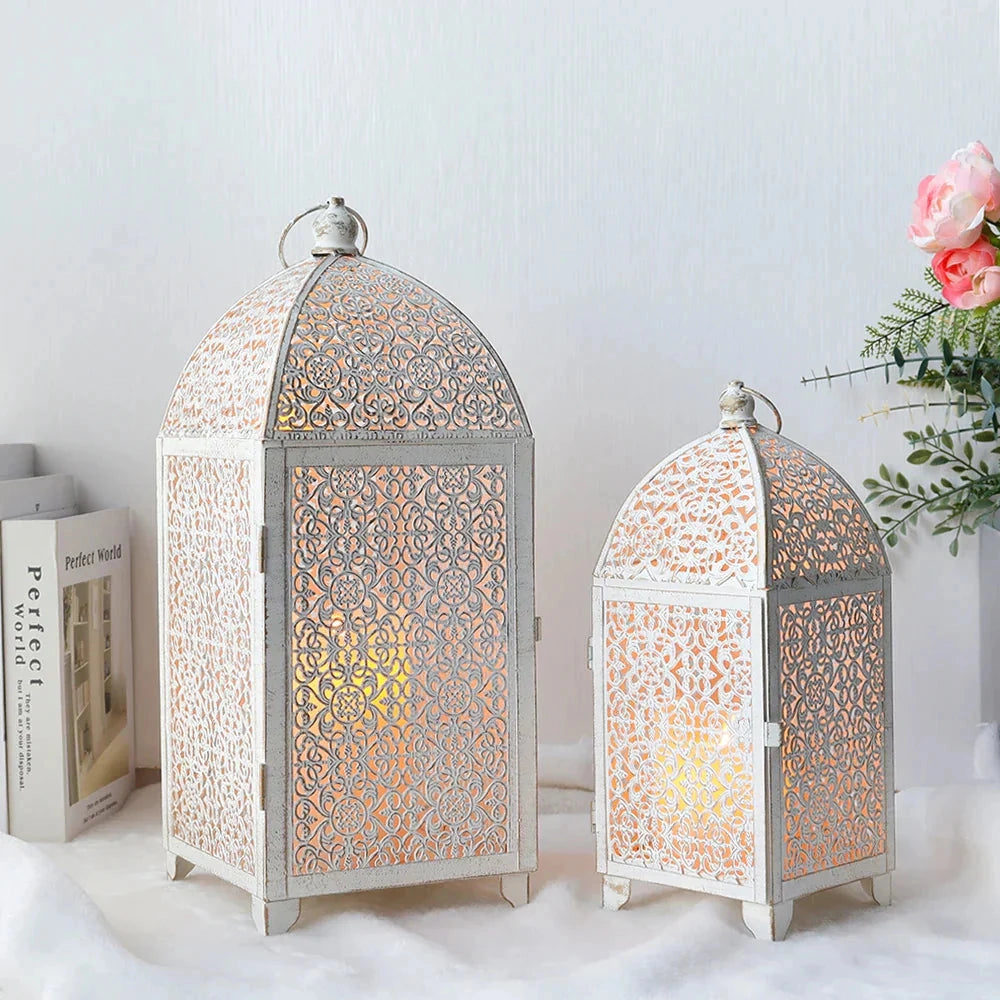 Set of 2 white gold metal candle lanterns with rectangular design, featuring intricate cage-like detailing, suitable for indoor and outdoor decor.