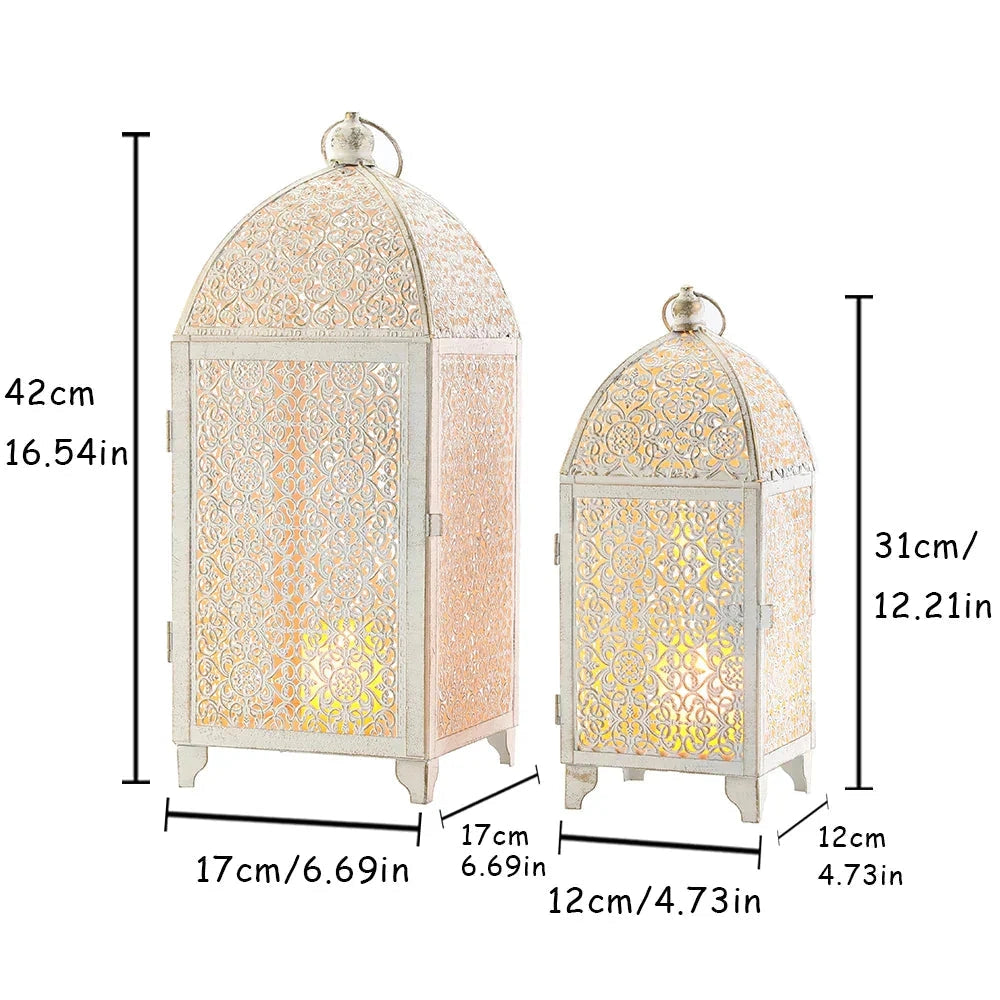 Set of 2 white gold metal candle lanterns with rectangular shape and intricate patterns, suitable for indoor and outdoor decor.