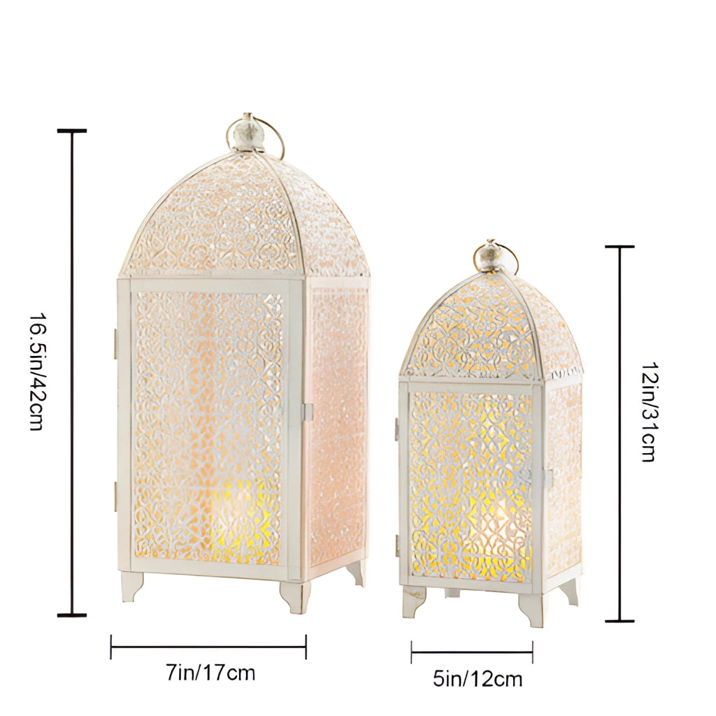 Set of 2 white gold metal candle lanterns with rectangular frames and arched roofs, suitable for indoor and outdoor decor.