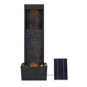 38-Inch solar-powered gray slate waterfall fountain with LED lights, featuring a rectangular design with a composite material construction.