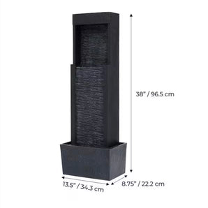 A 38-inch solar-powered gray slate waterfall fountain with LED lights, featuring a rectangular design and modern artistic elements.