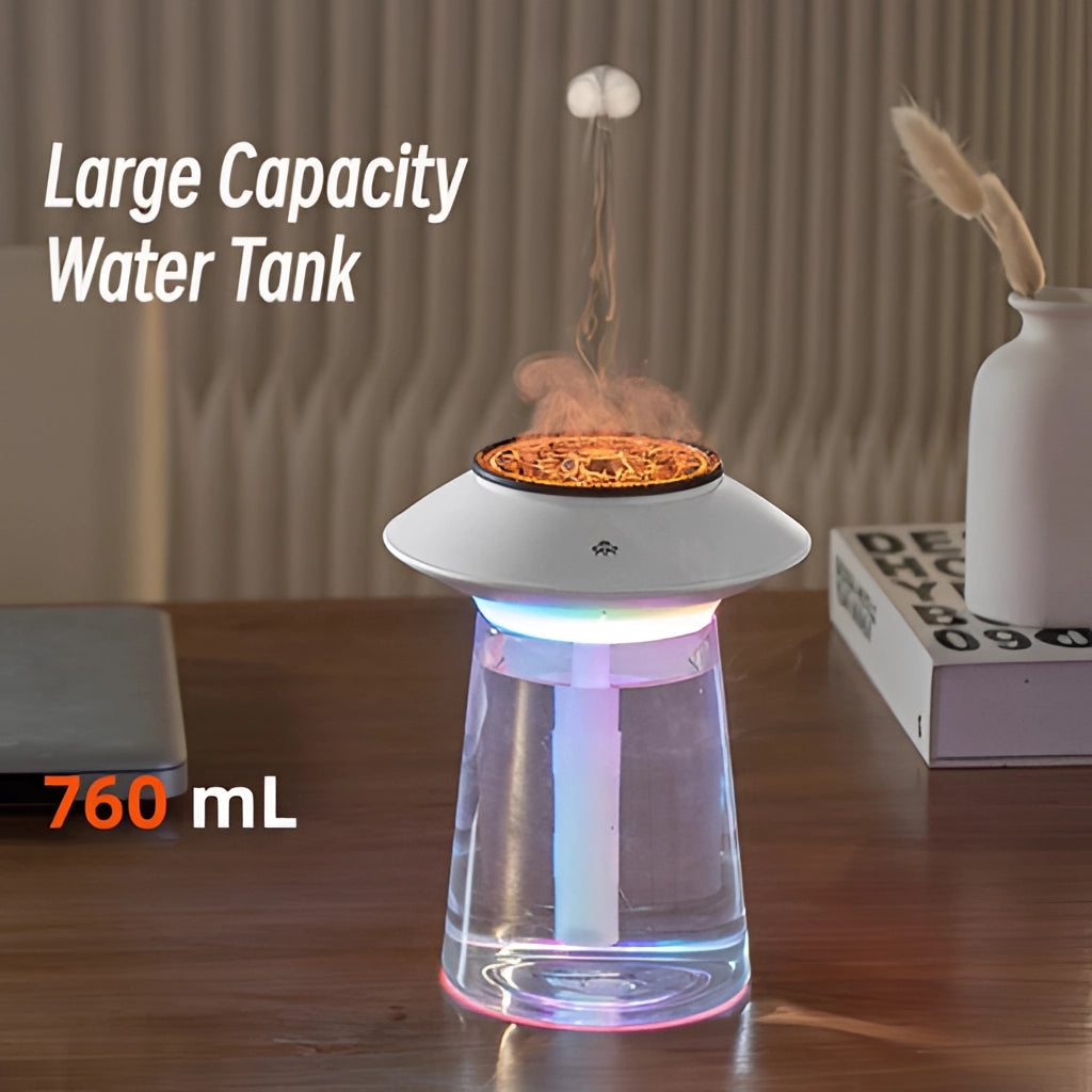 760ml USB rechargeable ultrasonic mist maker with wooden base and ambient interior lighting, placed on a table.
