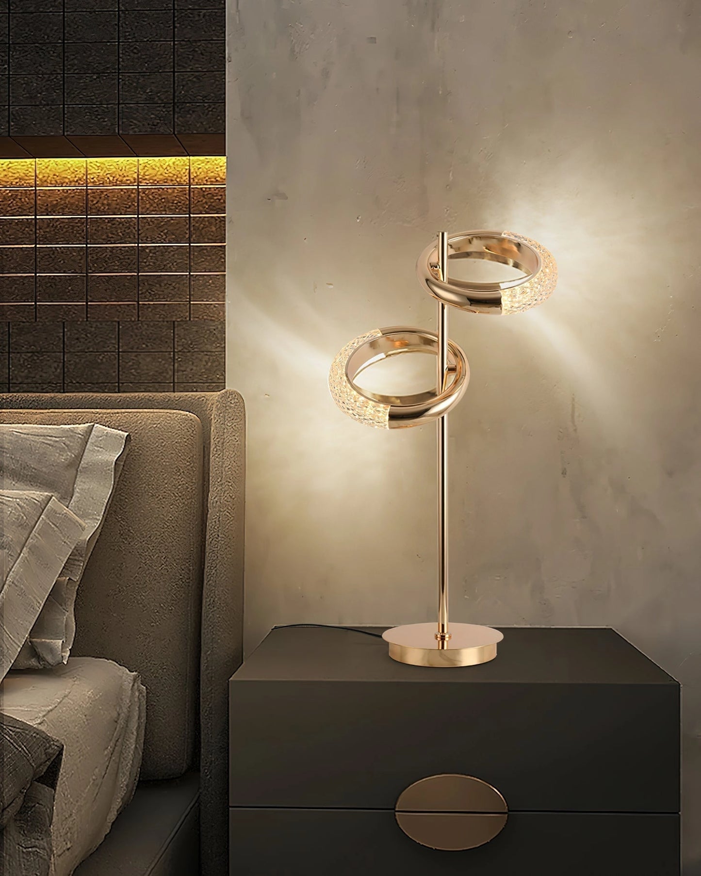 Adjustable Nordic Style Wall Lamp with wooden accents, featuring a rotatable design, mounted on a wall in a modern interior setting with hardwood flooring and a nearby couch.