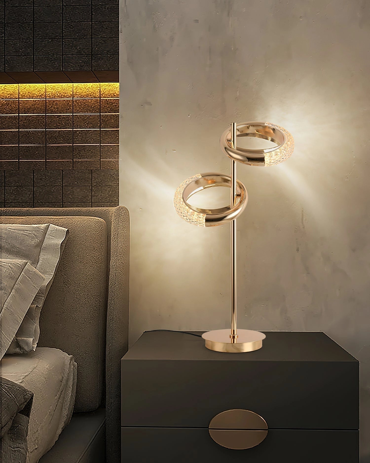 Adjustable Nordic Style Wall Lamp with wooden accents, featuring a rotatable design, mounted on a wall in a modern interior setting with hardwood flooring and a nearby couch.