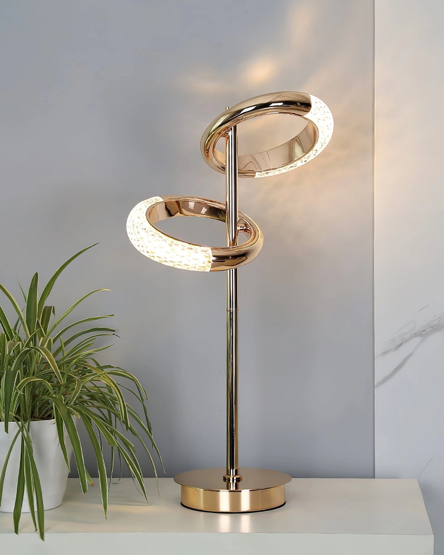 Adjustable Nordic Style Wall Lamp with rotatable design mounted on a wall above a wooden table, accompanied by a potted plant and decorative art pieces.