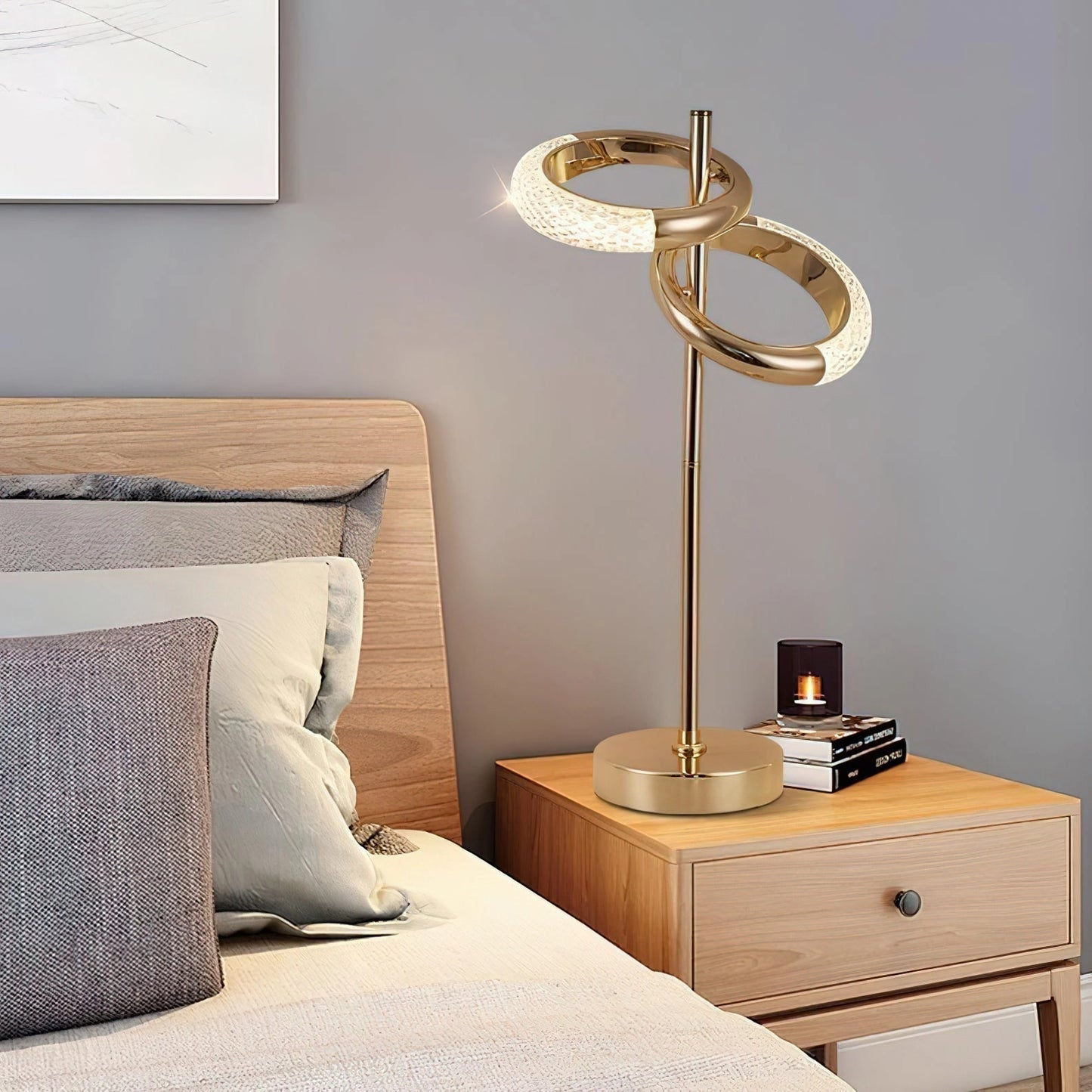 Adjustable Nordic Style Wall Lamp with Rotatable Design mounted on a wall in a modern interior room with wooden furniture and a drawer.