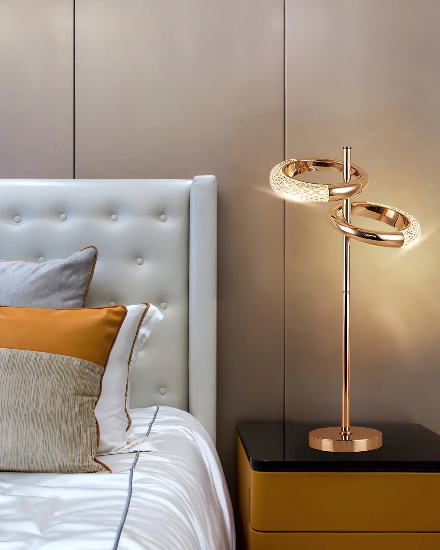 Adjustable Nordic Style Wall Lamp with Rotatable Design mounted on a wooden wall above a comfortable bed with pillows.