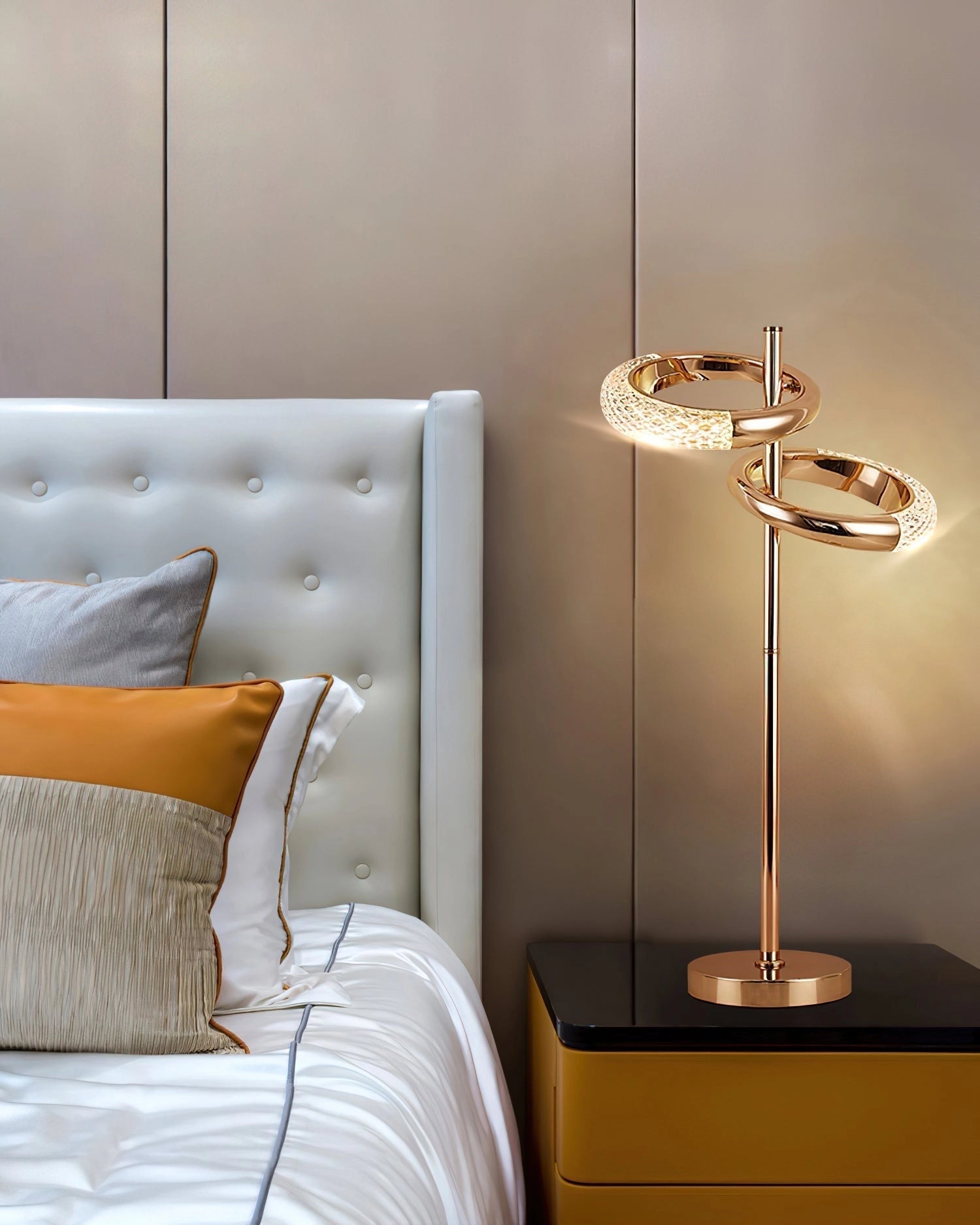 Adjustable Nordic Style Wall Lamp with Rotatable Design mounted on a wooden wall above a comfortable bed with pillows.