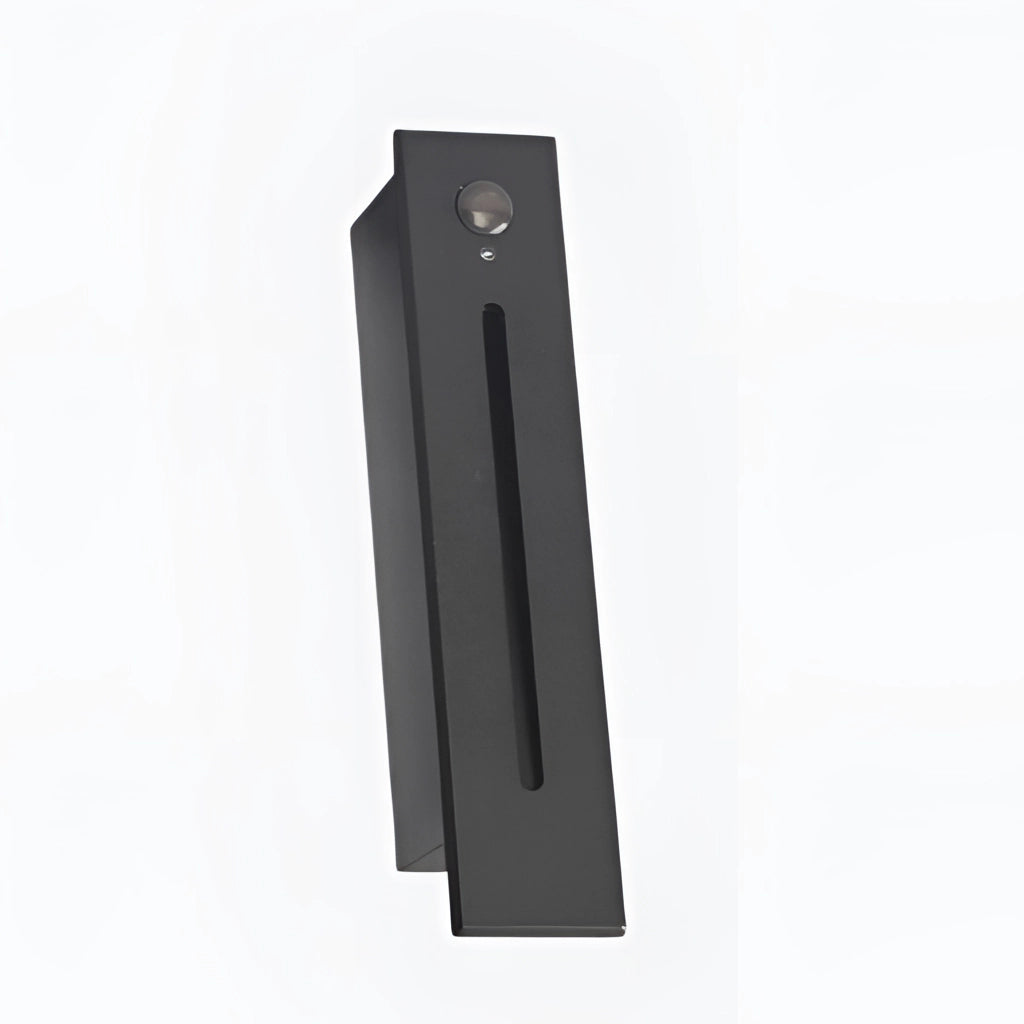 Modern rectangular ambient glow wall light in black with sensor, suitable for indoor and outdoor use, waterproof aluminum construction, IP65 rating.