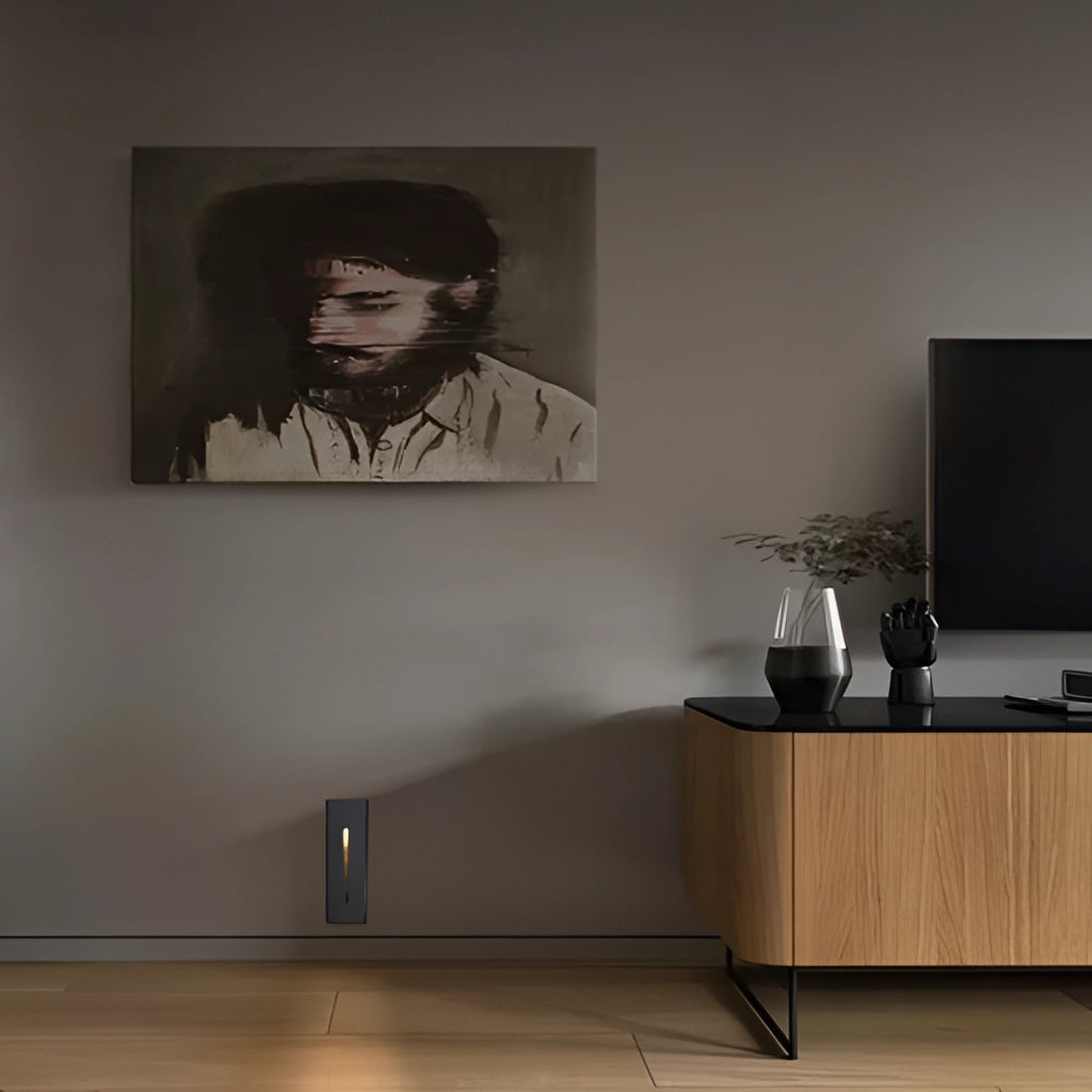 Modern stylish ambient glow wall light in black, white, and light grey, suitable for indoor or outdoor use, featuring waterproof aluminum construction with IP65 rating.
