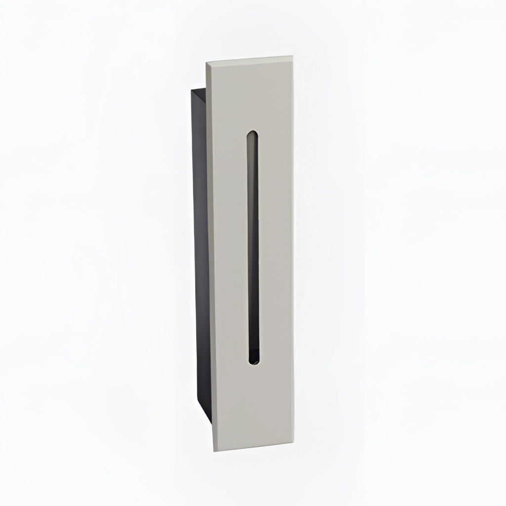 Modern light grey rectangular wall light fixture made of aluminum for indoor and outdoor use, waterproof with IP65 rating, suitable for stylish spaces, displayed on light wooden background.