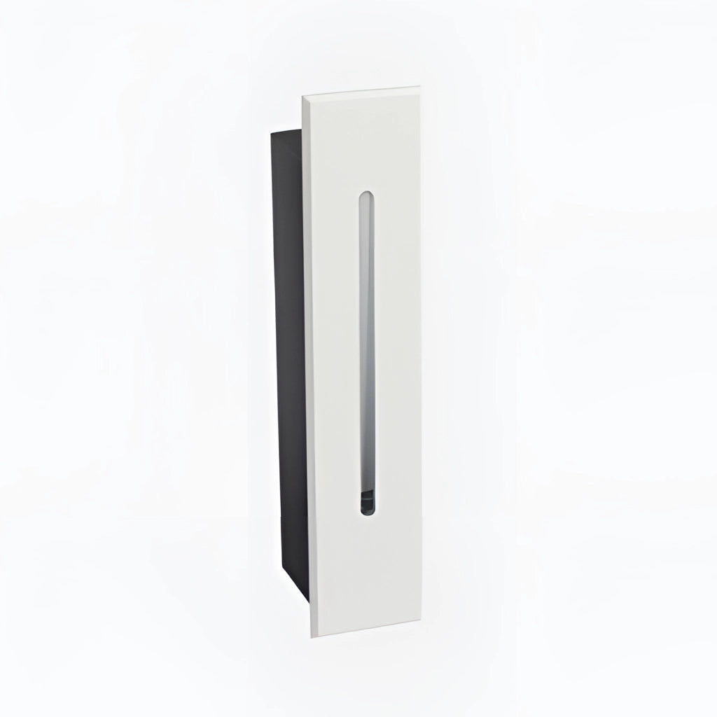 Modern stylish white rectangular wall light fixture, made of aluminum, mounted on a wooden surface, suitable for indoor and outdoor use, waterproof IP65.