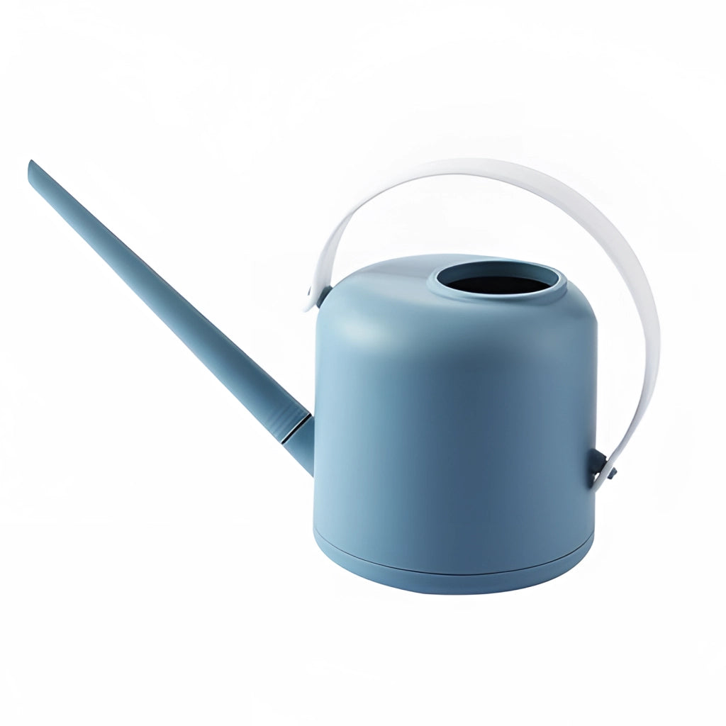 Modern blue and white watering can in cylinder shape, ideal for gardening.