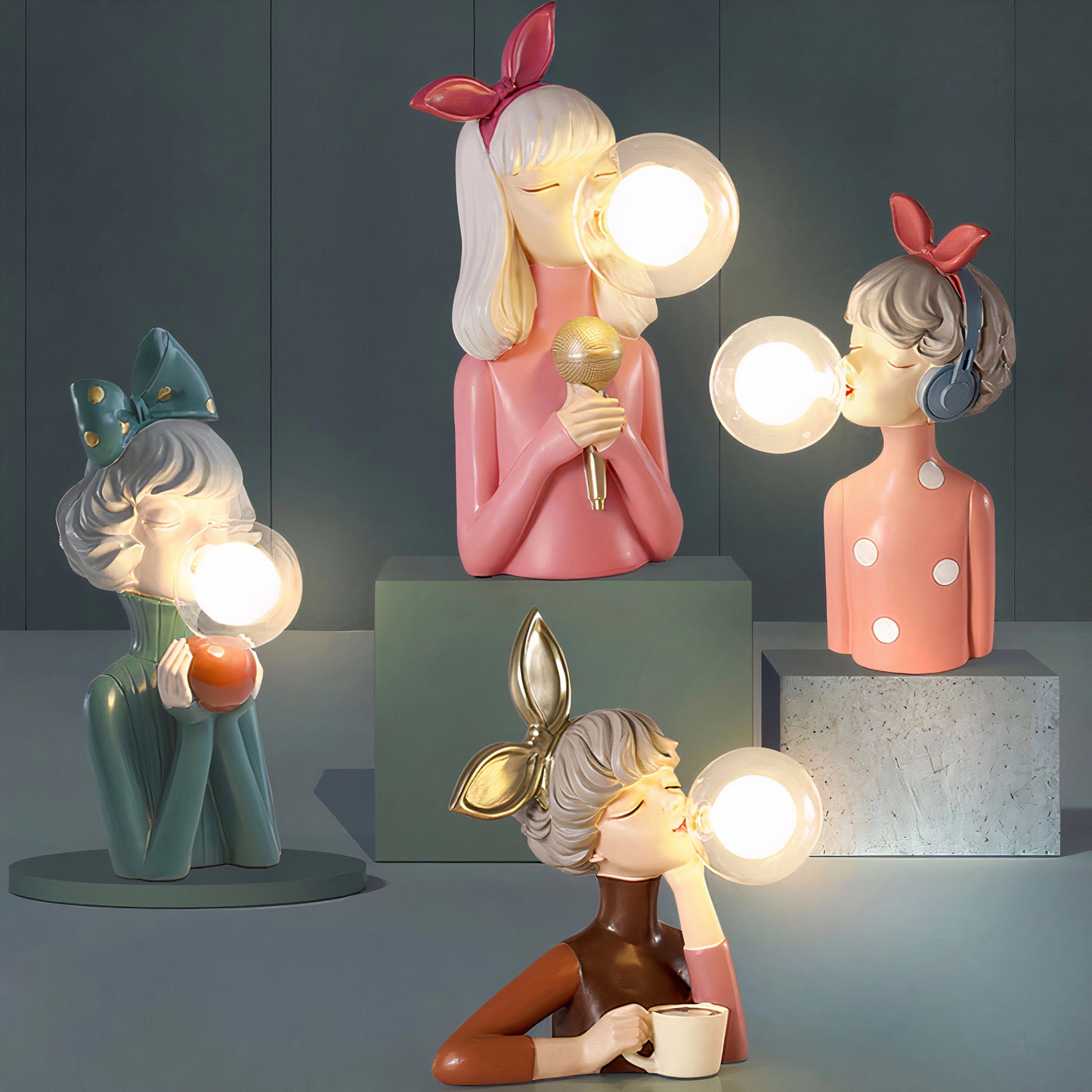 Handcrafted wooden table lamp featuring a whimsical, cartoon-inspired design with four distinct characters, representing the Artisan Sisters complete set.