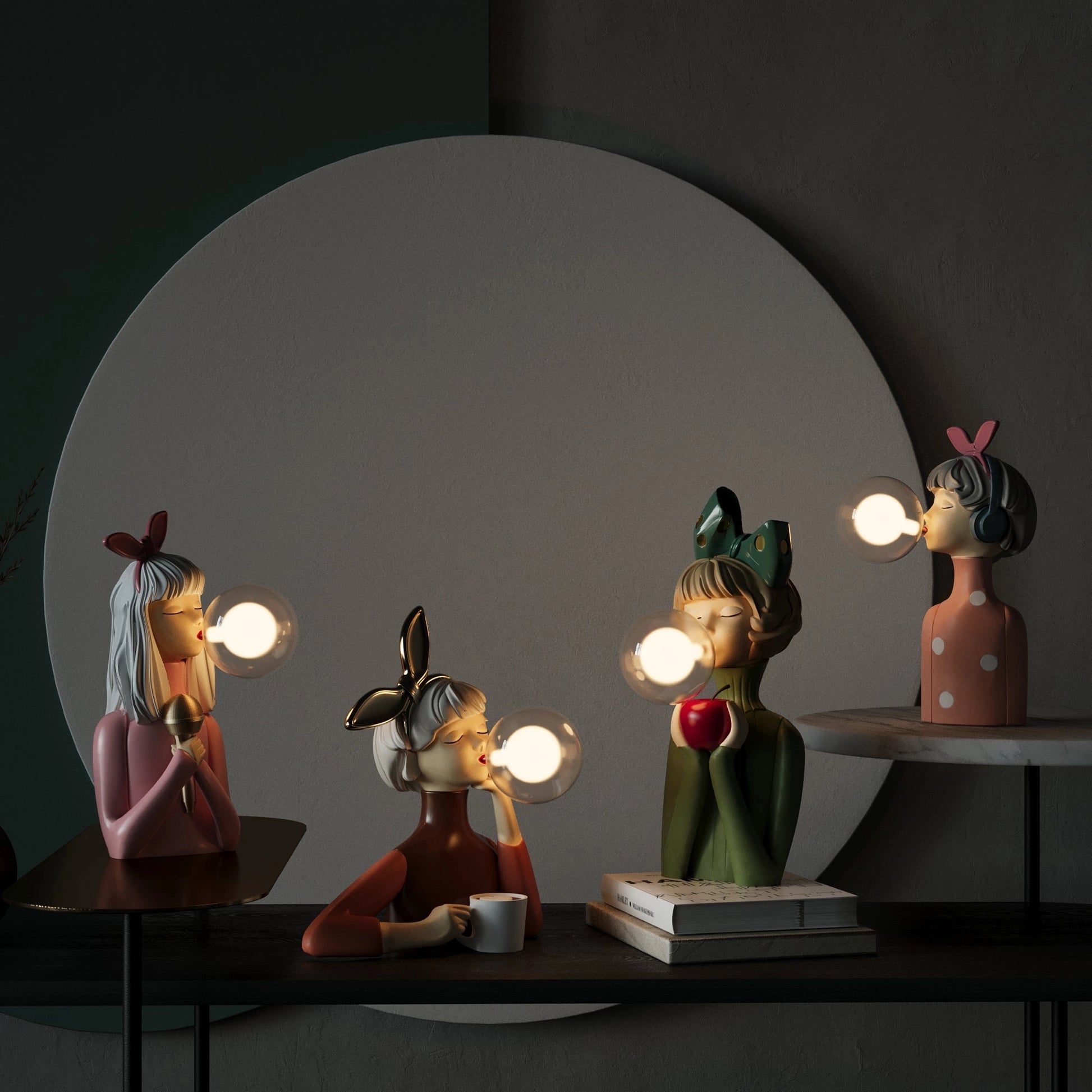 Handcrafted wooden table lamp by Artisan Sisters, featuring artistic design and intricate woodwork, photographed in a still life setting with shadows.